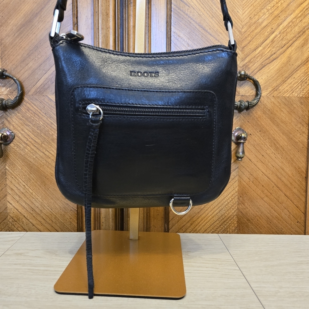 Roots Slim Black Leather Crossbody Bag